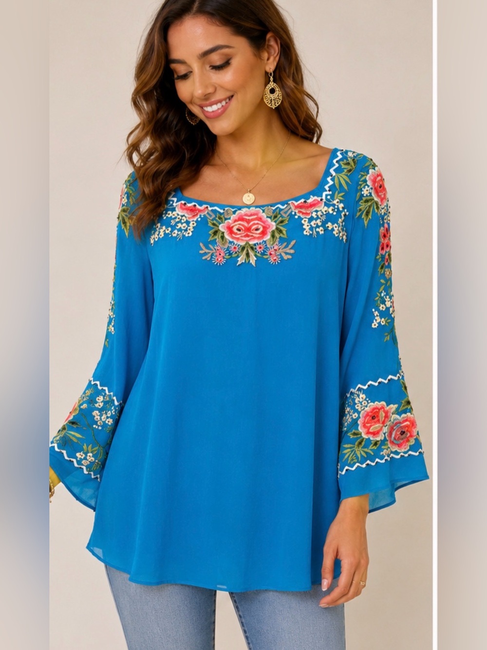 Vintage Collection Blue Embroidered Floral Boho,Women’s Top Medium.